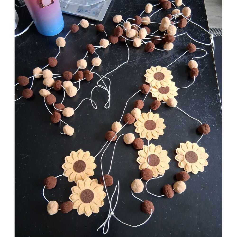 367 Boho Garland Felt Pom Poms and Sunflowers Floral String Brown & Beige